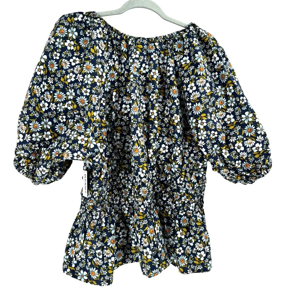 Old Navy Babydoll Peasant Smocked Top Womens XL Tall Blue Floral Puff Sleeve NEW